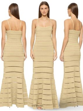 Hervé Léger Metallic Bandage Gown Elegant Tan Evening Gown Size Medium